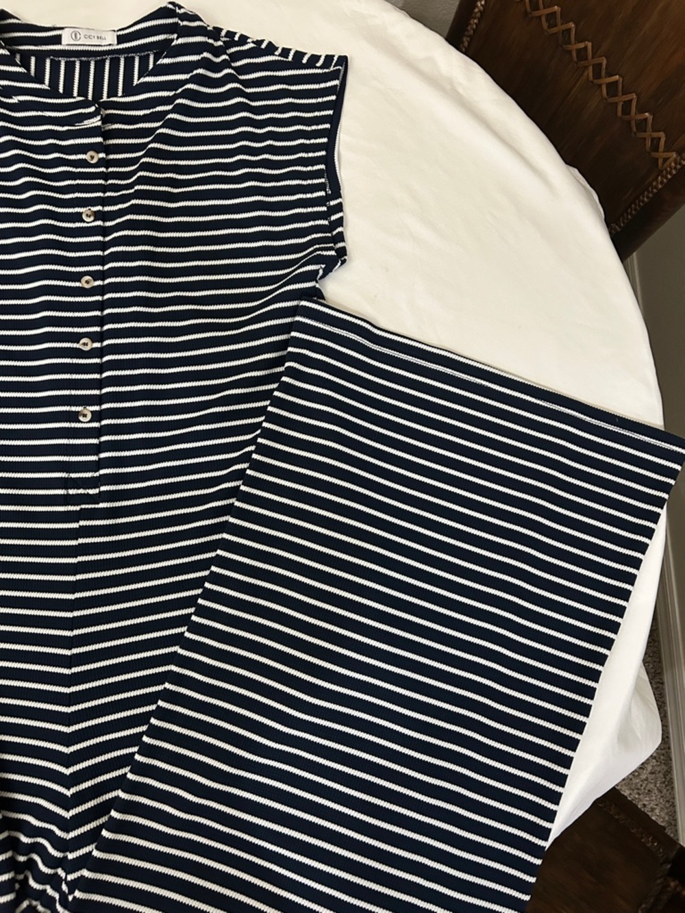 Cicy Bell Navy and White Striped Buttoned Front Flared Leg Versatile Romper. - Picture 7 of 7